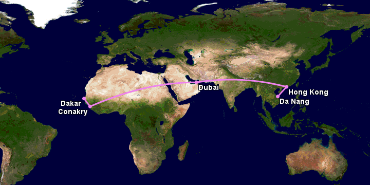 Bay từ Đà Nẵng đến Dakar qua Hong Kong, Dubai, Conakry