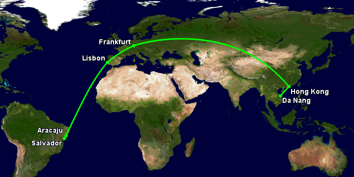 Bay từ Đà Nẵng đến Aracaju qua Hong Kong, Frankfurt, Lisbon, Salvador