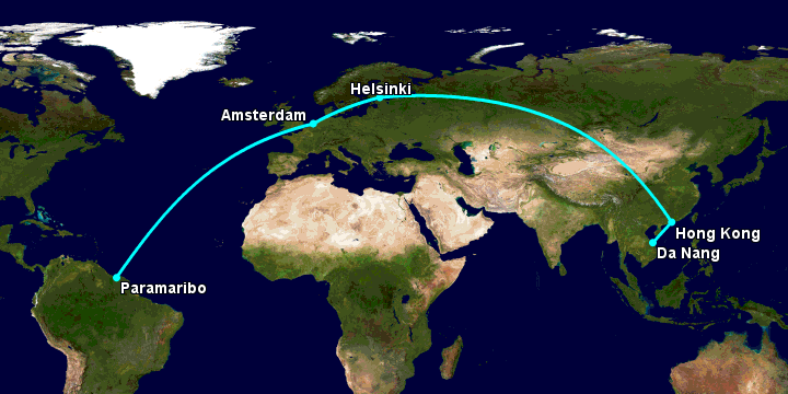Bay từ Đà Nẵng đến Paramaribo qua Hong Kong, Helsinki, Amsterdam