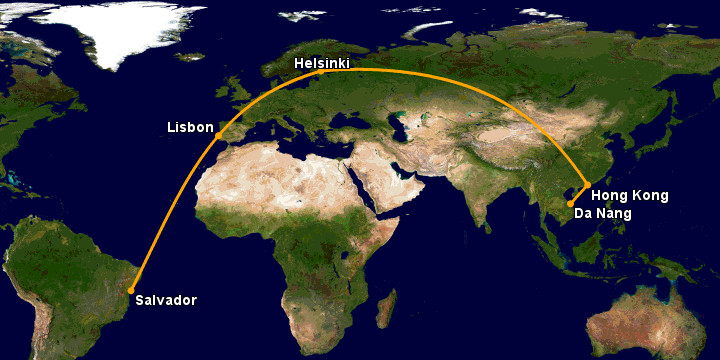 Bay từ Đà Nẵng đến Salvador qua Hong Kong, Helsinki, Lisbon