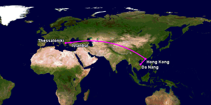 Bay từ Đà Nẵng đến Thessaloniki qua Hong Kong, Istanbul