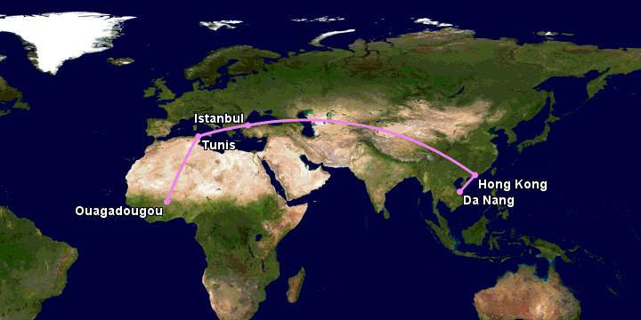 Bay từ Đà Nẵng đến Ouagadougou qua Hong Kong, Istanbul, Tunis