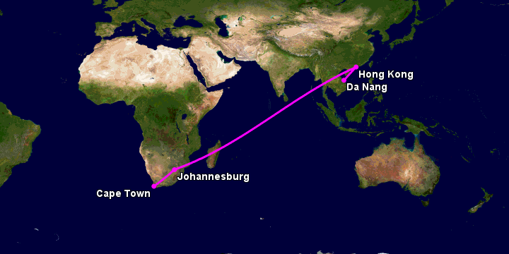 Bay từ Đà Nẵng đến Cape Town qua Hong Kong, Johannesburg