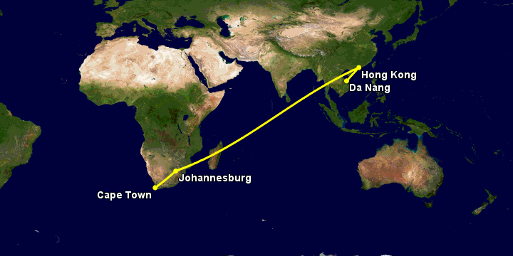Bay từ Đà Nẵng đến Cape Town qua Hong Kong, Johannesburg