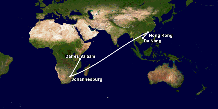 Bay từ Đà Nẵng đến Dar Es Salaam qua Hong Kong, Johannesburg