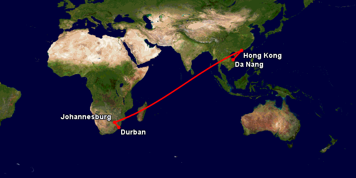 Bay từ Đà Nẵng đến Durban qua Hong Kong, Johannesburg