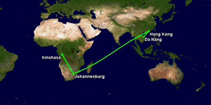 Bay từ Đà Nẵng đến Kinshasa Ndjili qua Hong Kong, Johannesburg
