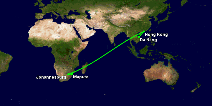 Bay từ Đà Nẵng đến Maputo qua Hong Kong, Johannesburg
