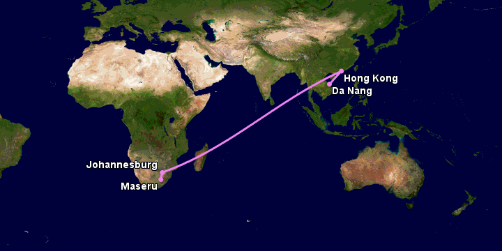 Bay từ Đà Nẵng đến Maseru qua Hong Kong, Johannesburg