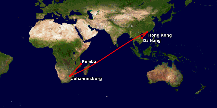 Bay từ Đà Nẵng đến Pemba qua Hong Kong, Johannesburg