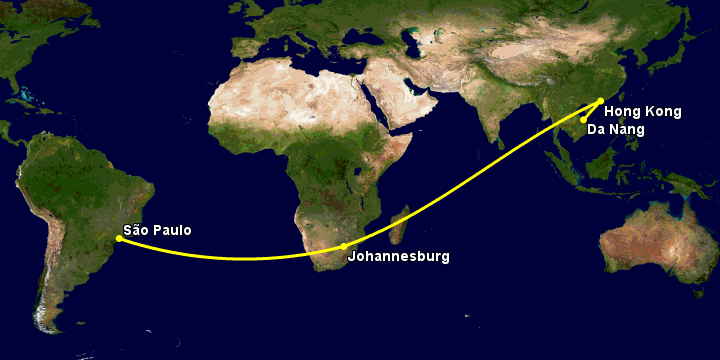 Bay từ Đà Nẵng đến Sao Paulo qua Hong Kong, Johannesburg