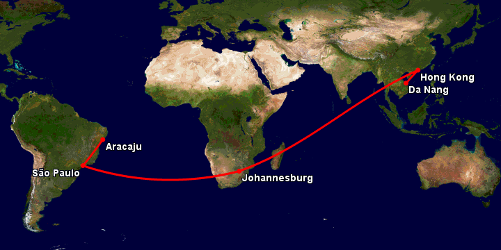 Bay từ Đà Nẵng đến Aracaju qua Hong Kong, Johannesburg, Sao Paulo