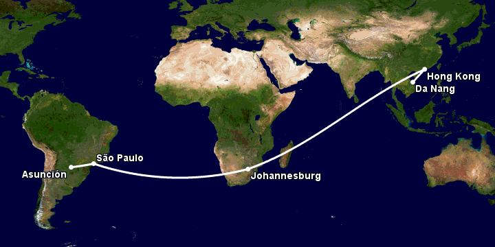 Bay từ Đà Nẵng đến Asuncion qua Hong Kong, Johannesburg, Sao Paulo