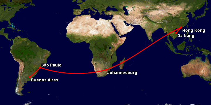 Bay từ Đà Nẵng đến Buenos Aires qua Hong Kong, Johannesburg, Sao Paulo