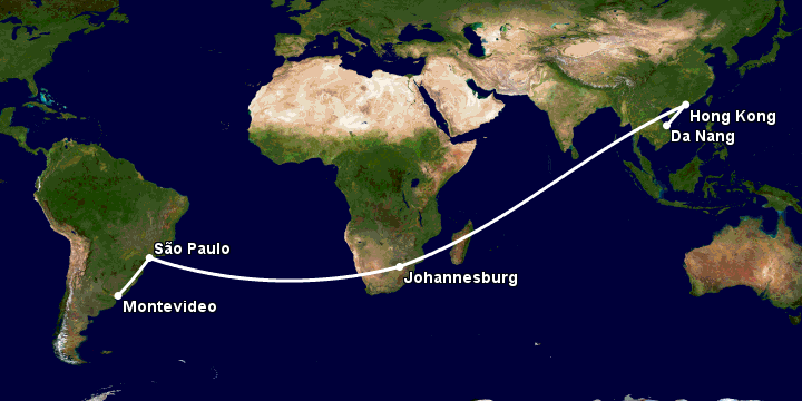 Bay từ Đà Nẵng đến Montevideo qua Hong Kong, Johannesburg, Sao Paulo