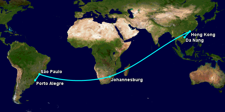 Bay từ Đà Nẵng đến Porto Alegre qua Hong Kong, Johannesburg, Sao Paulo