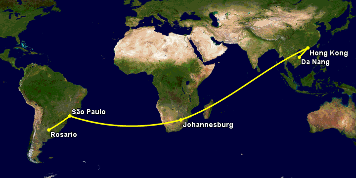 Bay từ Đà Nẵng đến Rosario qua Hong Kong, Johannesburg, Sao Paulo