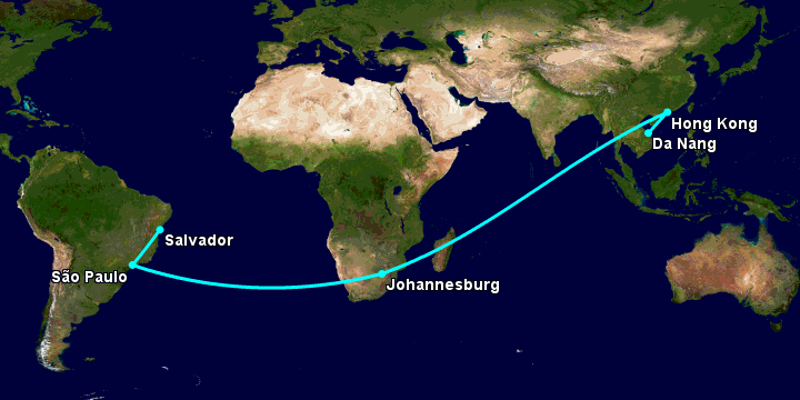 Bay từ Đà Nẵng đến Salvador qua Hong Kong, Johannesburg, Sao Paulo