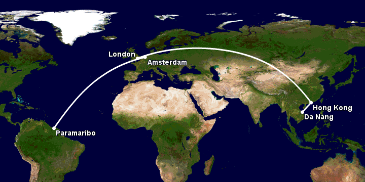 Bay từ Đà Nẵng đến Paramaribo qua Hong Kong, London, Amsterdam