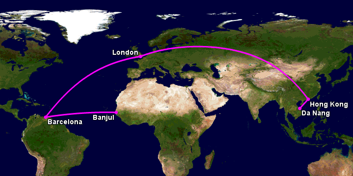 Bay từ Đà Nẵng đến Banjul qua Hong Kong, London, Barcelona