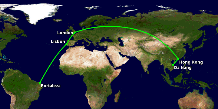 Bay từ Đà Nẵng đến Fortaleza qua Hong Kong, London, Lisbon