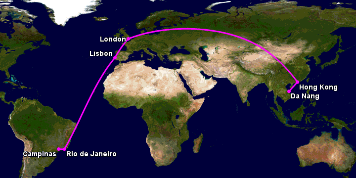Bay từ Đà Nẵng đến Campinas qua Hong Kong, London, Lisbon, Rio de Janeiro