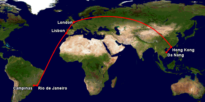 Bay từ Đà Nẵng đến Campinas qua Hong Kong, London, Lisbon, Rio de Janeiro