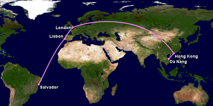 Bay từ Đà Nẵng đến Salvador qua Hong Kong, London, Lisbon
