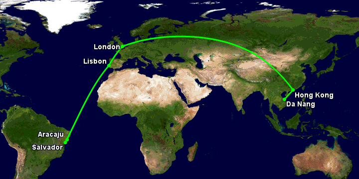 Bay từ Đà Nẵng đến Aracaju qua Hong Kong, London, Lisbon, Salvador