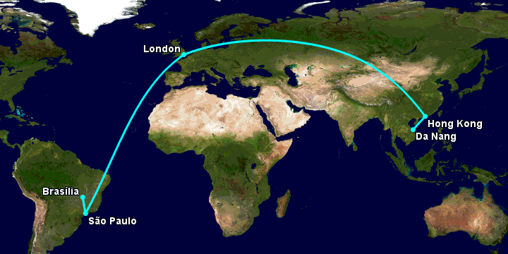 Bay từ Đà Nẵng đến Brasilia qua Hong Kong, London, Sao Paulo