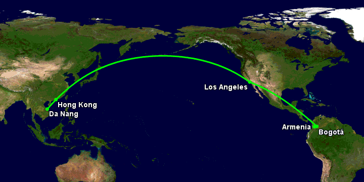 Bay từ Đà Nẵng đến Armenia qua Hong Kong, Los Angeles, Bogotá