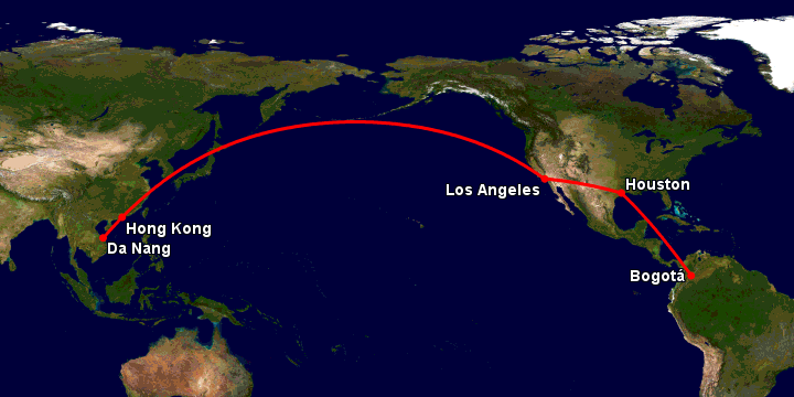 Bay từ Đà Nẵng đến Bogota qua Hong Kong, Los Angeles, Houston