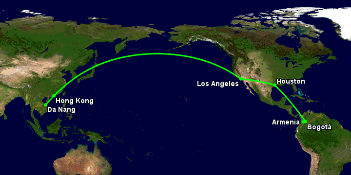 Bay từ Đà Nẵng đến Armenia qua Hong Kong, Los Angeles, Houston, Bogotá