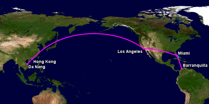 Bay từ Đà Nẵng đến Barranquilla qua Hong Kong, Los Angeles, Miami