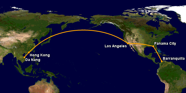 Bay từ Đà Nẵng đến Barranquilla qua Hong Kong, Los Angeles, Panama City