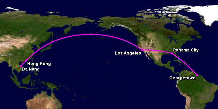 Bay từ Đà Nẵng đến Georgetown GY qua Hong Kong, Los Angeles, Panama City