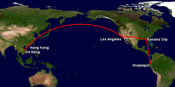 Bay từ Đà Nẵng đến Guayaquil qua Hong Kong, Los Angeles, Panama City