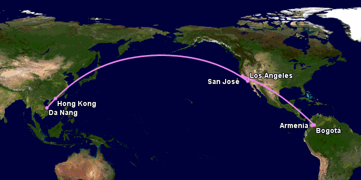 Bay từ Đà Nẵng đến Armenia qua Hong Kong, Los Angeles, San José, Bogotá