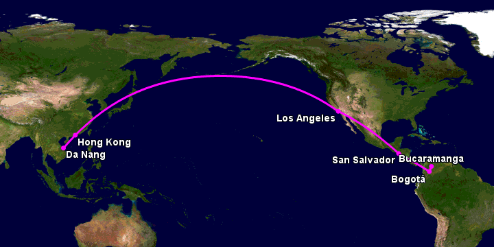 Bay từ Đà Nẵng đến Bucaramanga qua Hong Kong, Los Angeles, San Salvador, Bogotá