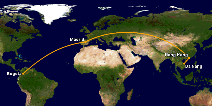 Bay từ Đà Nẵng đến Bogota qua Hong Kong, Madrid