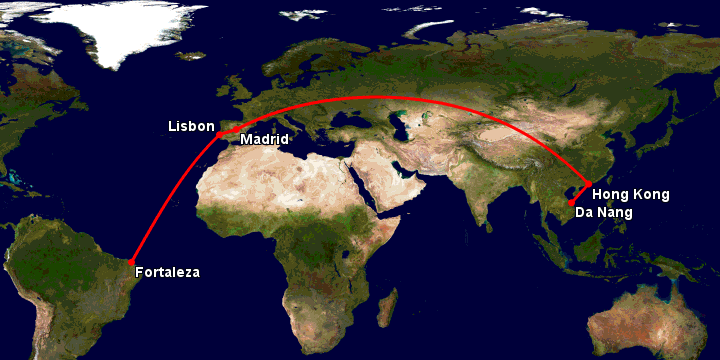 Bay từ Đà Nẵng đến Fortaleza qua Hong Kong, Madrid, Lisbon