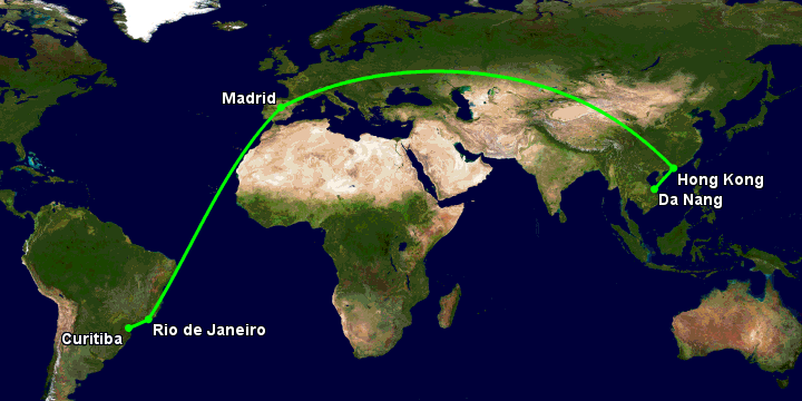 Bay từ Đà Nẵng đến Curitiba qua Hong Kong, Madrid, Rio de Janeiro