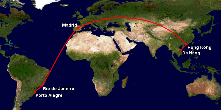 Bay từ Đà Nẵng đến Porto Alegre qua Hong Kong, Madrid, Rio de Janeiro