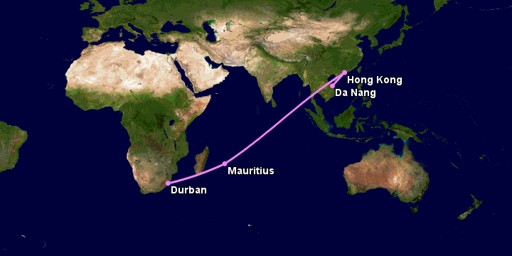 Bay từ Đà Nẵng đến Durban qua Hong Kong, Mauritius Island