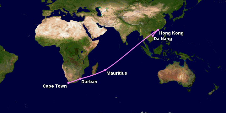 Bay từ Đà Nẵng đến Cape Town qua Hong Kong, Mauritius Island, Durban