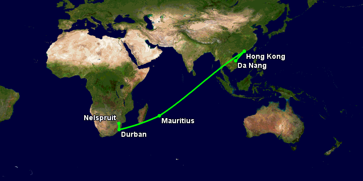 Bay từ Đà Nẵng đến Nelspruit qua Hong Kong, Mauritius Island, Durban