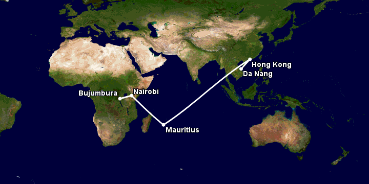 Bay từ Đà Nẵng đến Bujumbura qua Hong Kong, Mauritius Island, Nairobi