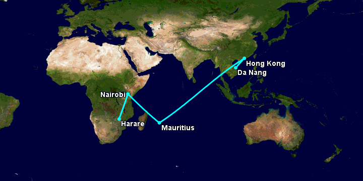 Bay từ Đà Nẵng đến Harare qua Hong Kong, Mauritius Island, Nairobi