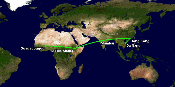 Bay từ Đà Nẵng đến Ouagadougou qua Hong Kong, Mumbai, Addis Ababa