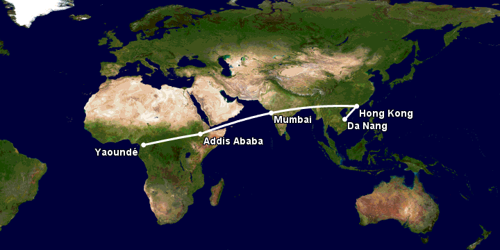 Bay từ Đà Nẵng đến Yaounde qua Hong Kong, Mumbai, Addis Ababa